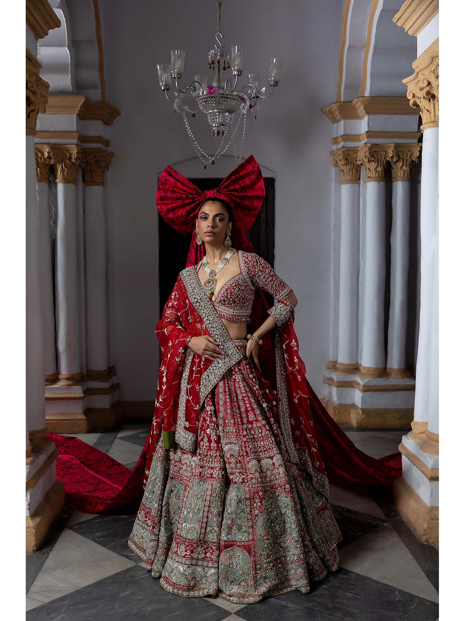 Aangan by Parul Red Scarlet Enchantment Lehenga with Blouse and Dupatta (Set of 3)