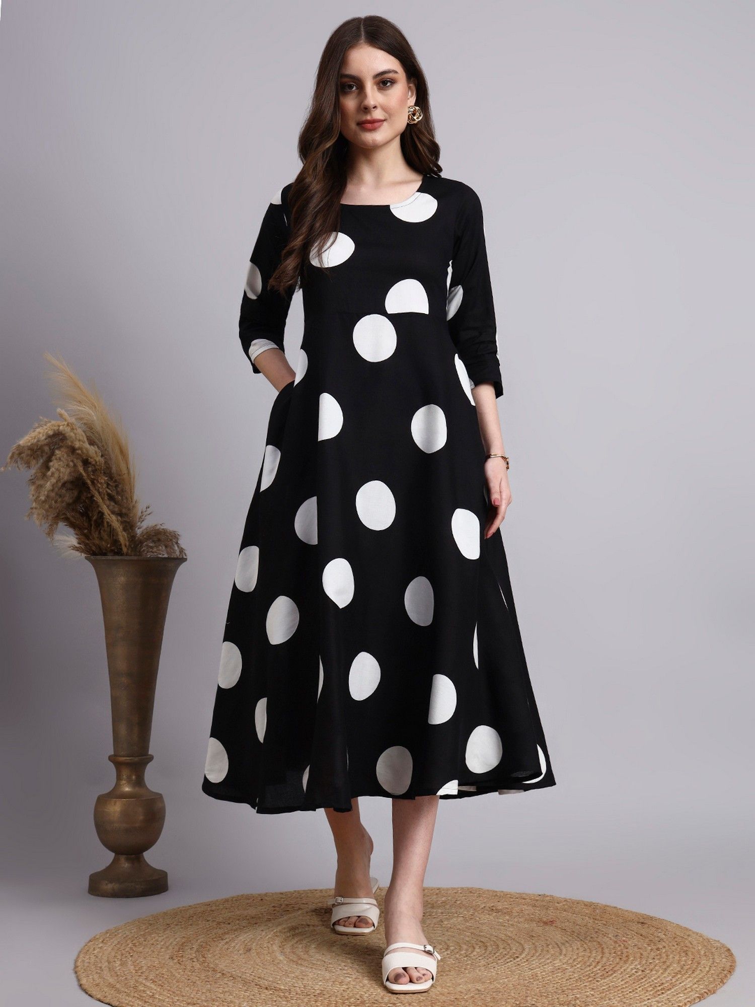 Aayusika Black Rayon Polka Dot Printed Long Dress