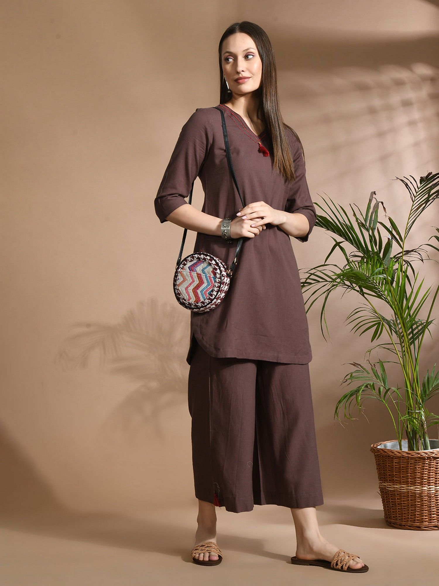 Aayusika Women Brown Cotton Flex Solid Co-ord Set