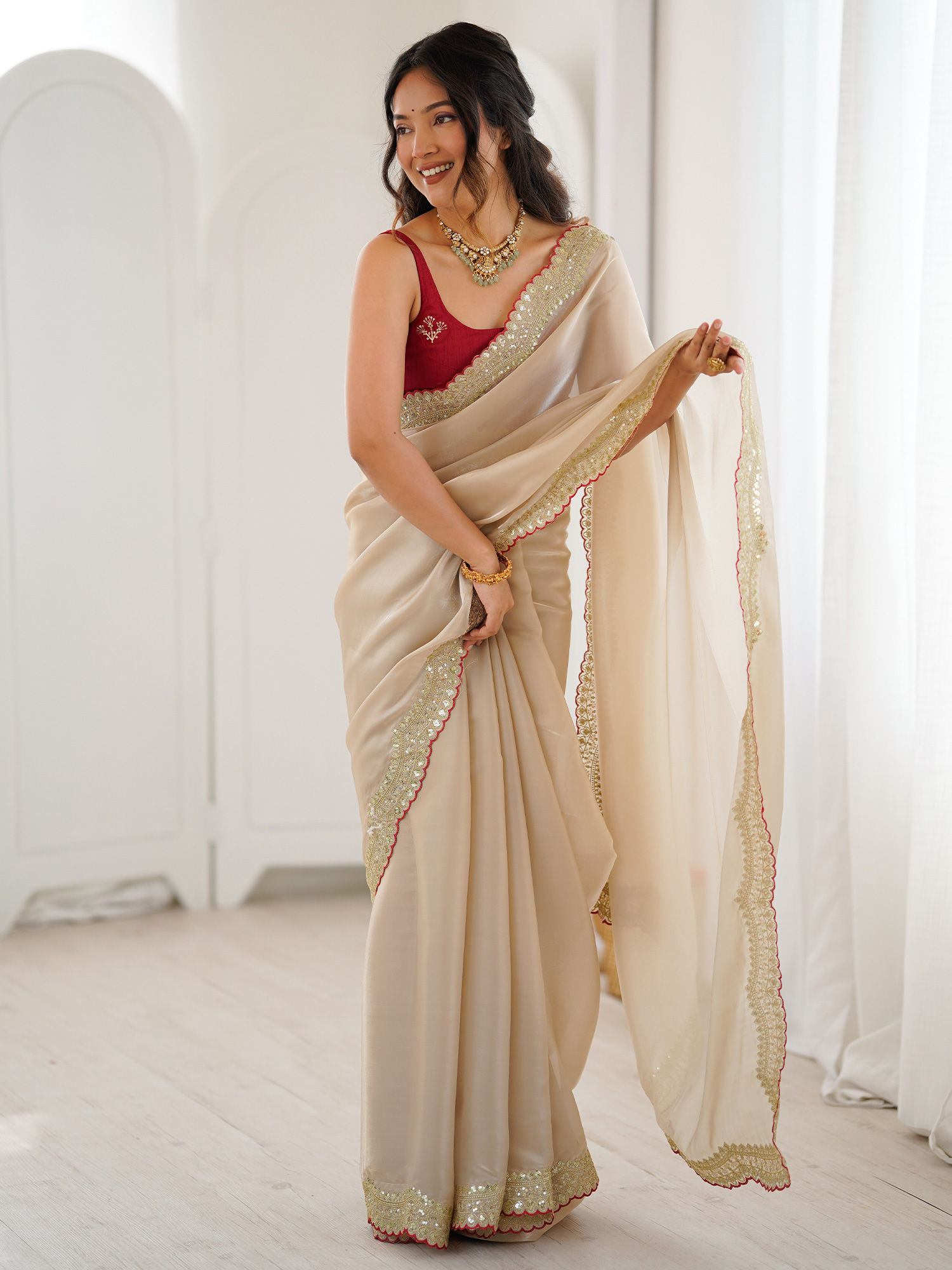 Akhilam Women Satin Beige Embroidered Saree with Unstitched Blouse