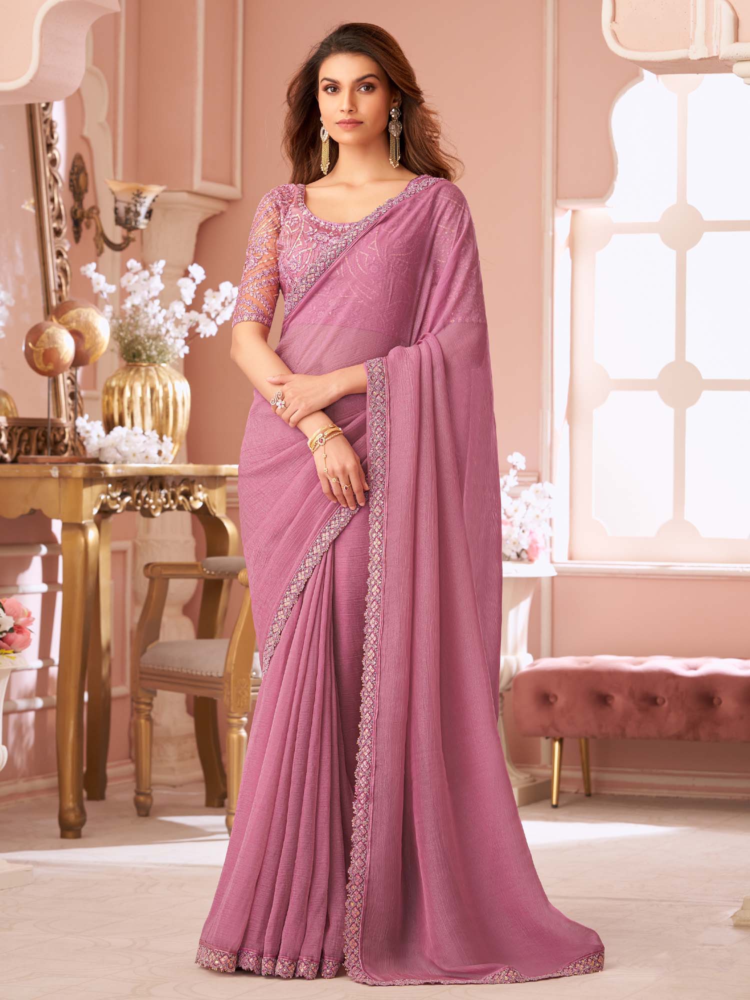 Akhilam Womens Georgette Mauve Embellished Saree with Unstitched Blouse