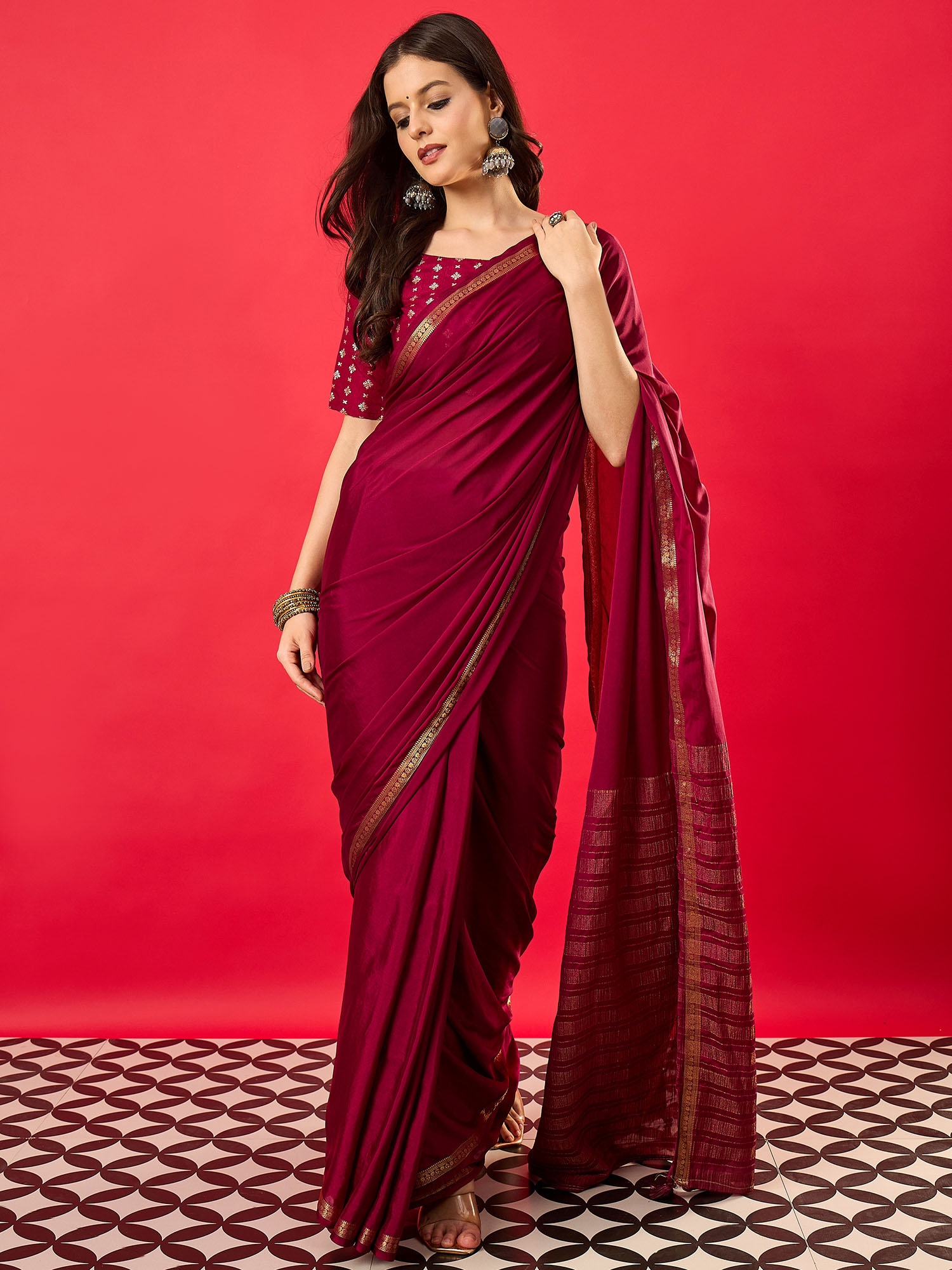 Akhilam Women's Mysore Silk Burgundy Woven Design Saree with Unstitched Blouse