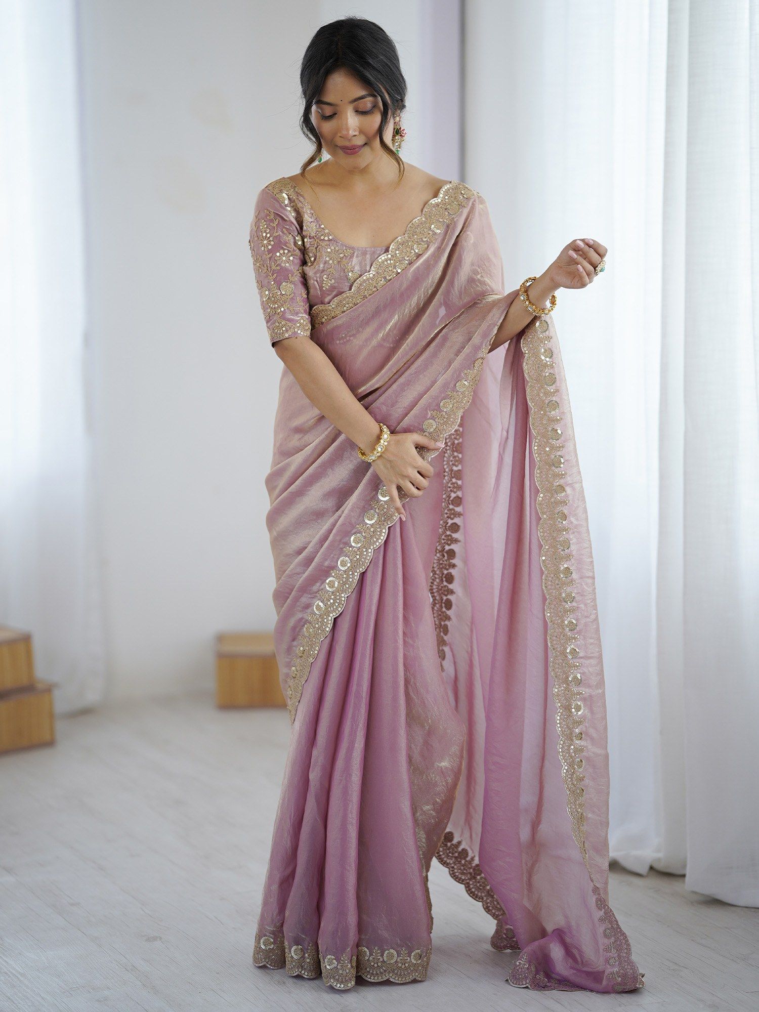 Akhilam Women's Tissue Purple Embellished Designer Saree with Unstitched Blouse