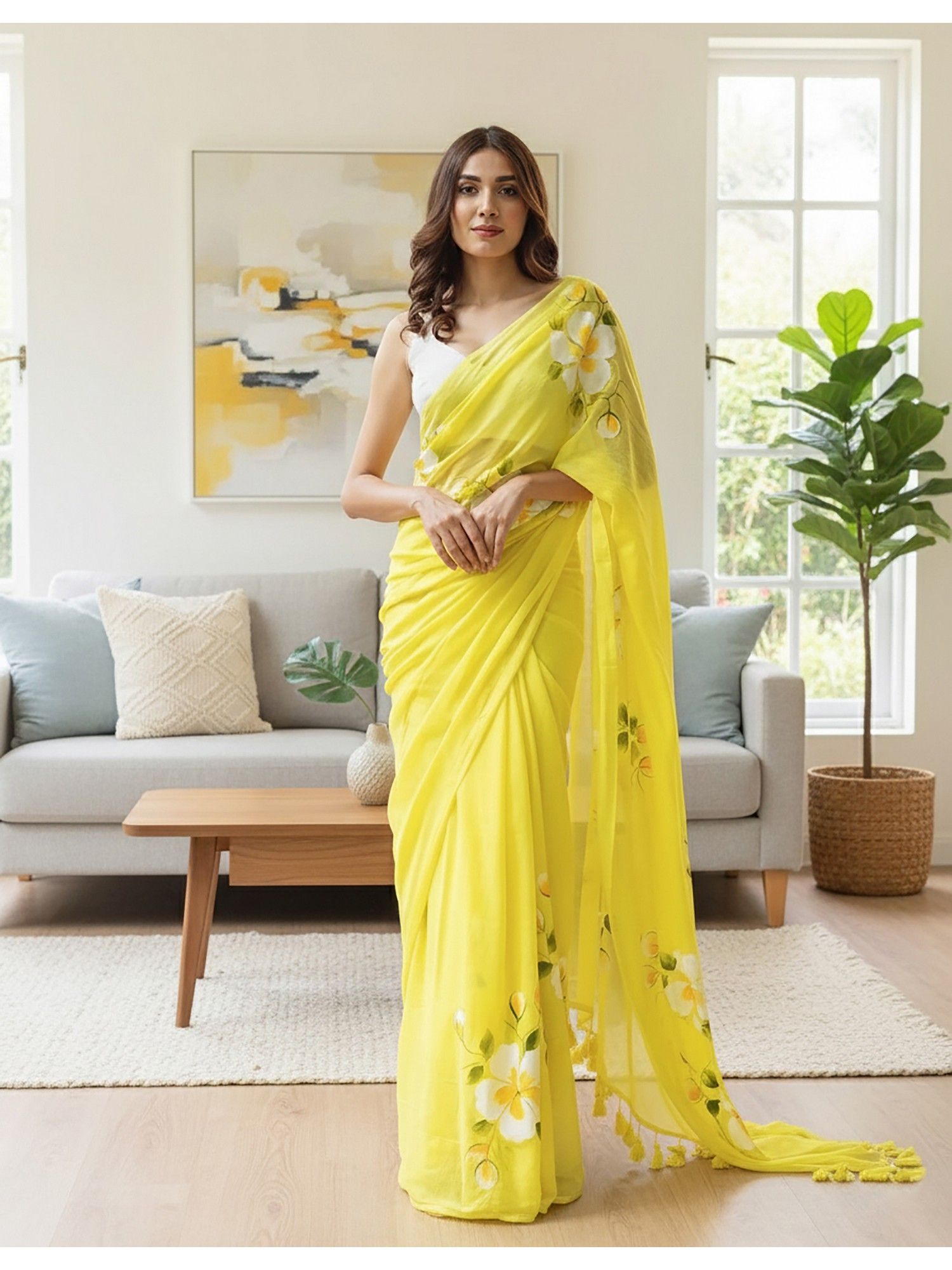 AMRUTKALA SAREES Yellow Designer Linen Silk Printed Saree With Unstitched Blouse