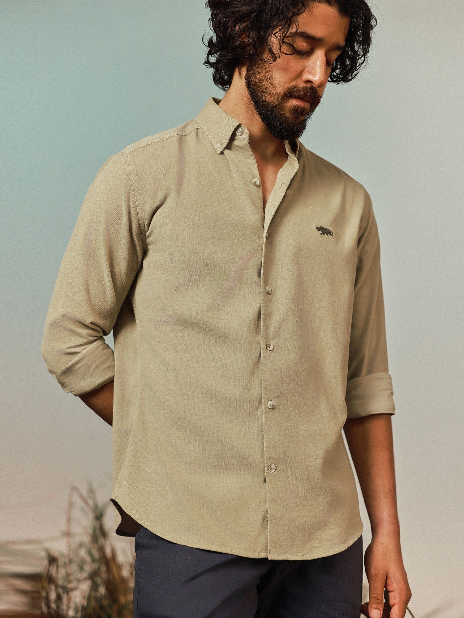 Andamen Cotton Tencel Corduroy Regular Fit Khaki Shirt