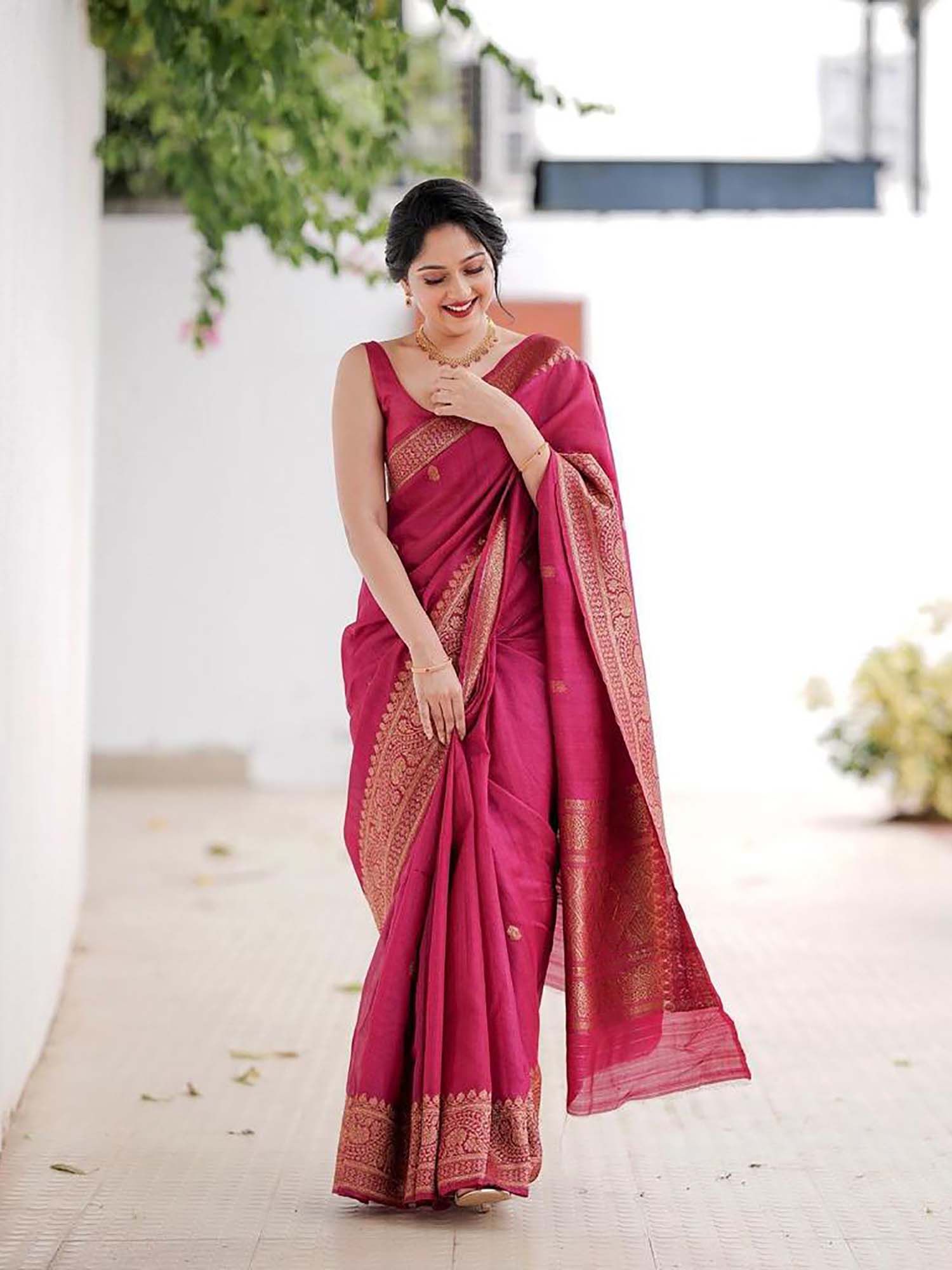 Anjaneya Sarees Pink Woven Banarasi Silk Designer Kanjivaram Saree with Unstitched Blouse