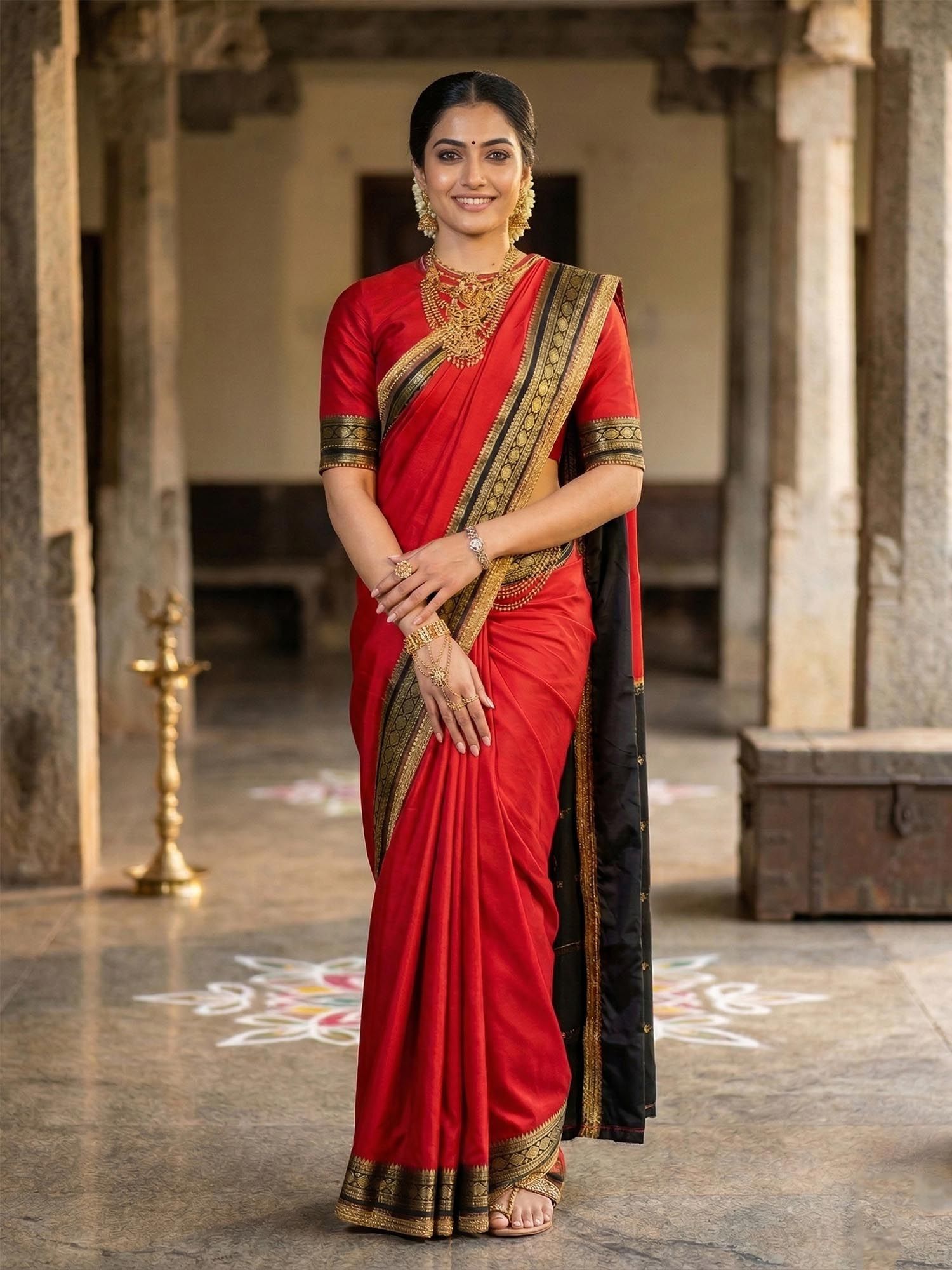 Anjaneya Sarees Red Designer Woven Kanjeevaram Saree with Unstitched Blouse
