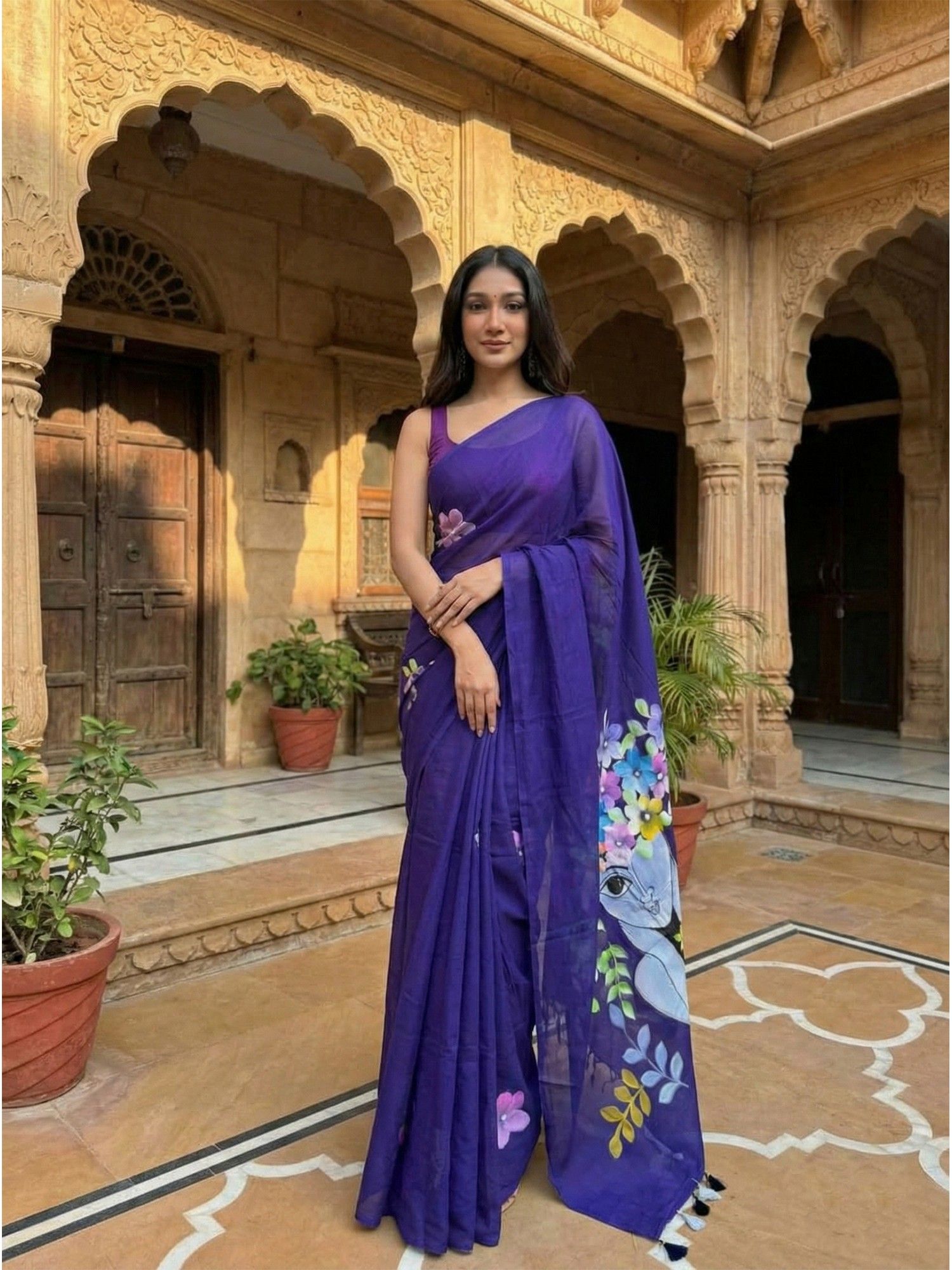 Anjaneya Sarees Women Blue Linen Printed Saree with Unstitched Blouse