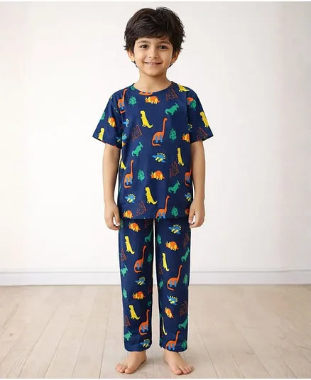 Anthrilo 100% Organic Cotton Knit Half Sleeves Dinosaurs Printed Coordinating Night Suit Set - Navy Blue