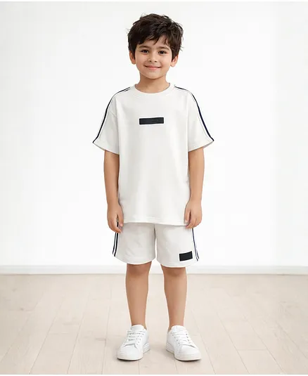 Anthrilo Cotton Blend Knit Half Sleeves Essentials Text Patch Detailed Side Taped Oversized Tee & Shorts Set - Off White