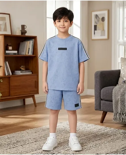 Anthrilo Cotton Blend Knit Half Sleeves Side Taped Typography Patch Detailed Oversized Tee & Shorts Set - Blue