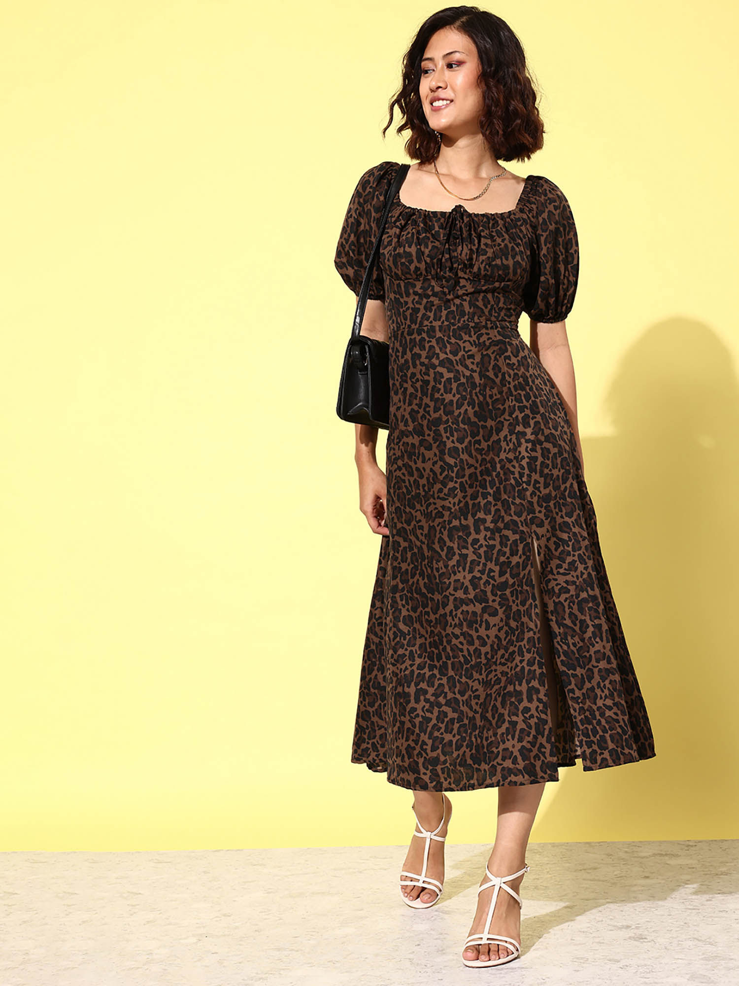 ANVI Be Yourself Animal Print Tie-Up Neck Puff Sleeve Crepe A-Line Midi Dress
