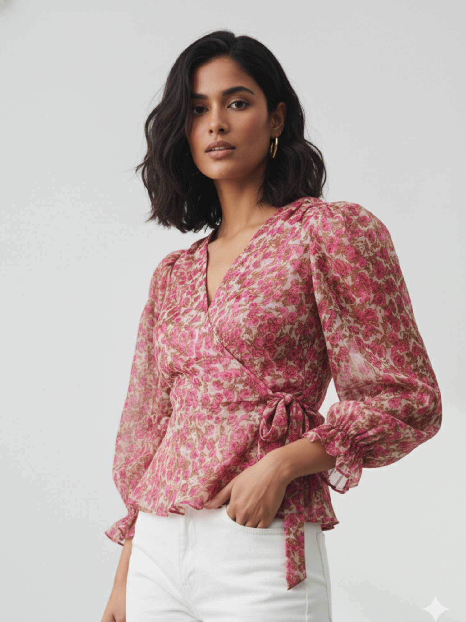 ANVI Be Yourself Floral Printed Pink Chiffon V Neck Full Sleeve Waist Tie-Ups Wrap Top