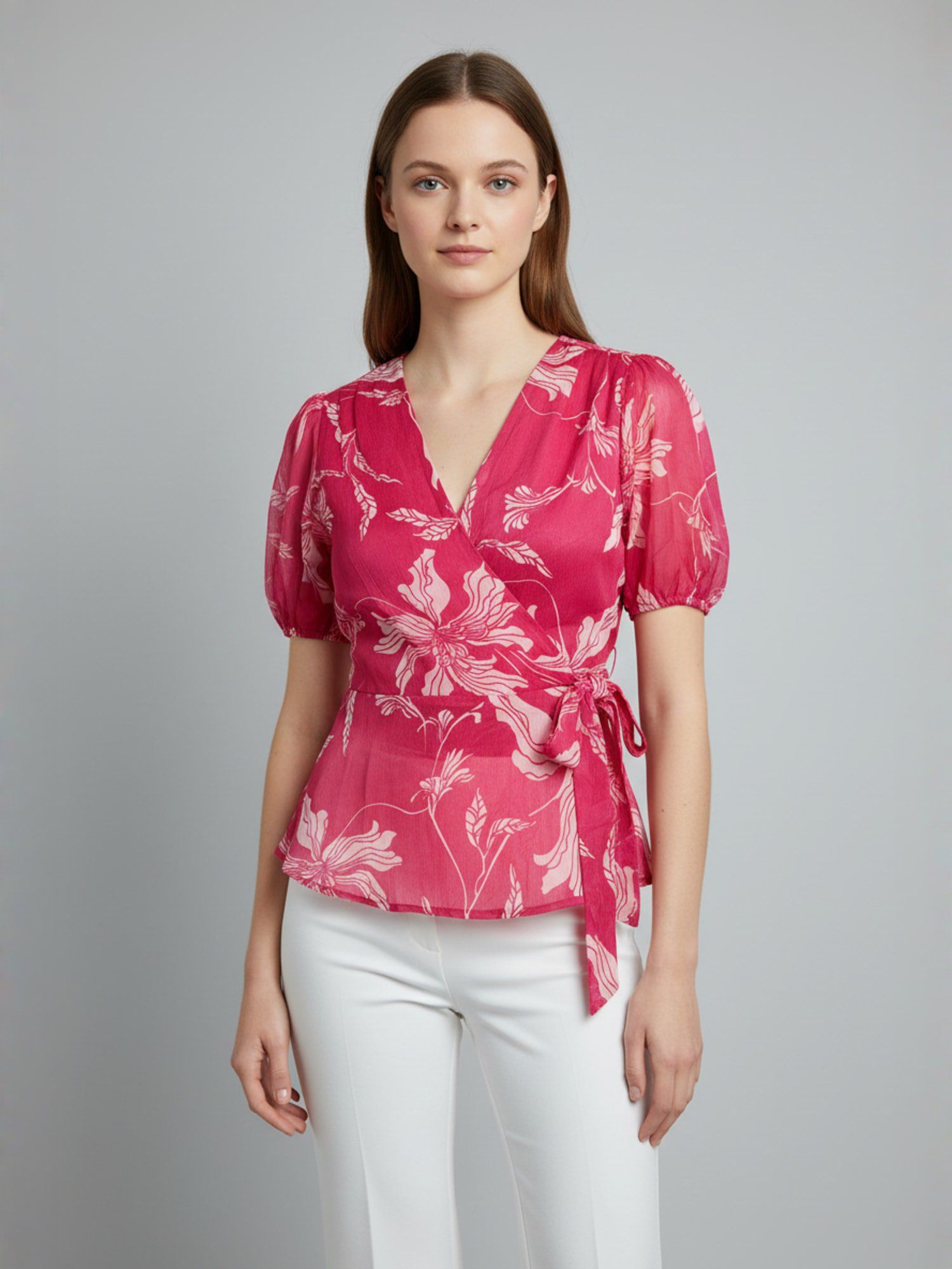 ANVI Be Yourself Women Floral Printed Hot Pink V Neck Puff Sleeve Chiffon Wrap Top - Pink