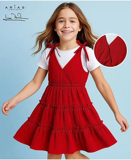 Arias Cotton Woven Tiered Dress with Shoulder Tie Ups and Ribbed Half Sleeves Inner Top Red 6-7 Years
