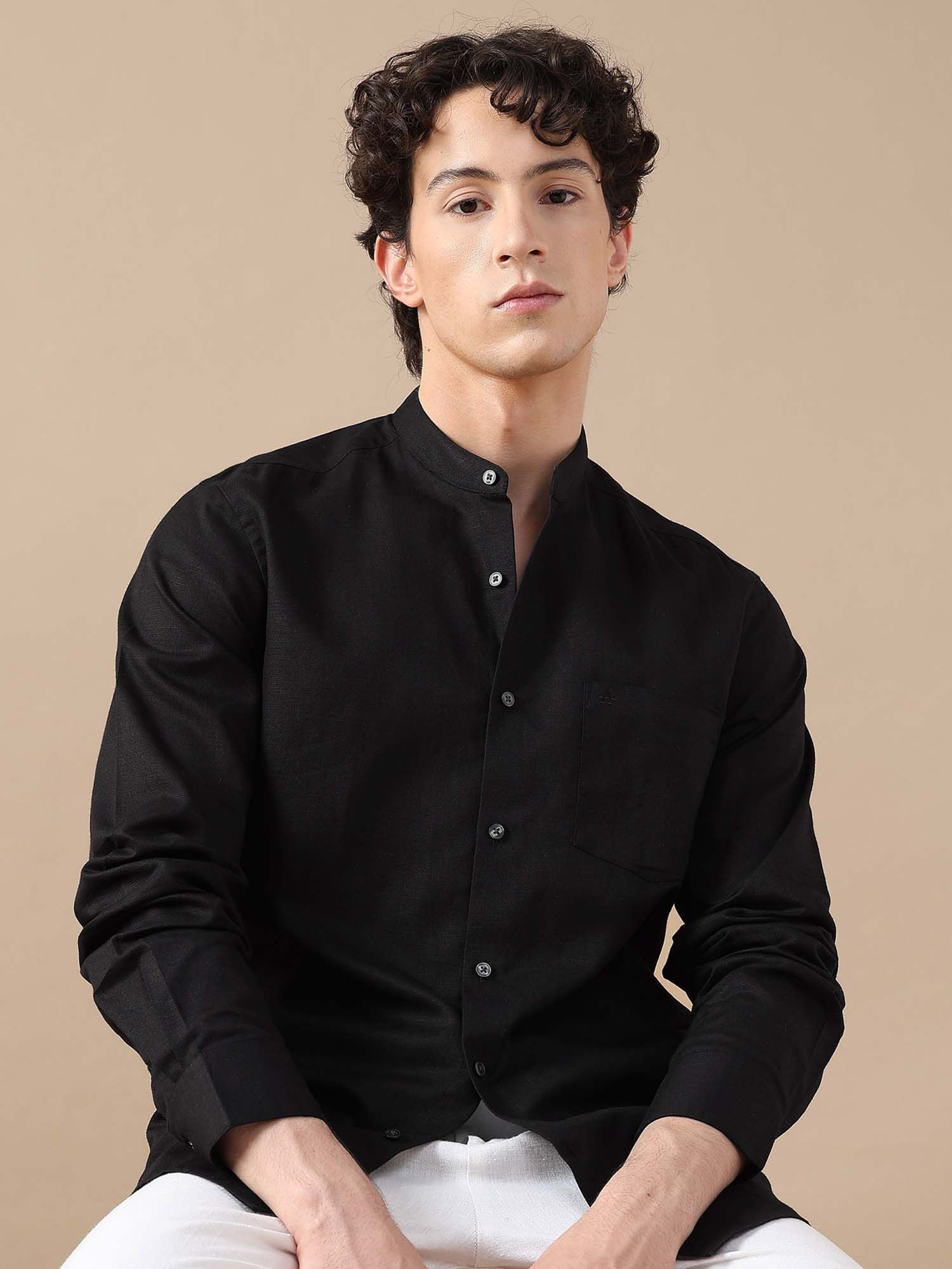 Arrow Black Cotton Linen Solid Slim Fit Shirt