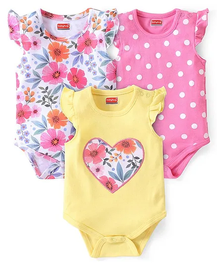 Babyhug 100% Cotton Frill Sleeves Onesies With Heart & Floral Print Pack Of 3 - Pink & Yellow