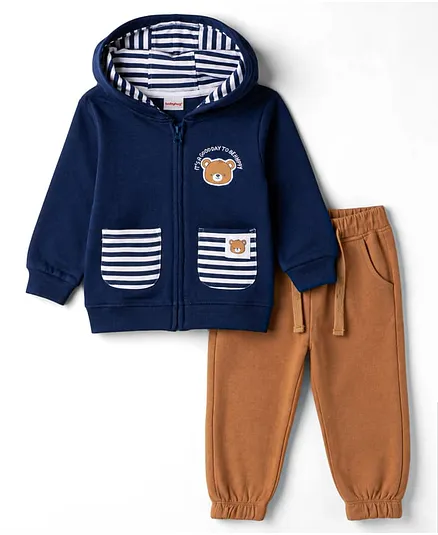 Babyhug 100% Cotton Knit Full Sleeves Striped & Bear Printed Hooded T-Shirt & Pant Set - Navy Blue & Brown