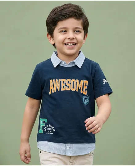 Babyhug 100% Cotton Knit Half Sleeve Overlapping T-Shirt with Mock Collar & Text Print - Navy Blue