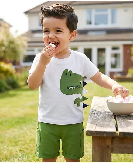 Babyhug 100% Cotton Knit Half Sleeves Dino Printed T-Shirt & Shorts Set - White & Green