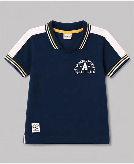 Babyhug 100% Cotton Knit Half Sleeves Polo T-Shirt With Text Print & Pique - Navy Blue