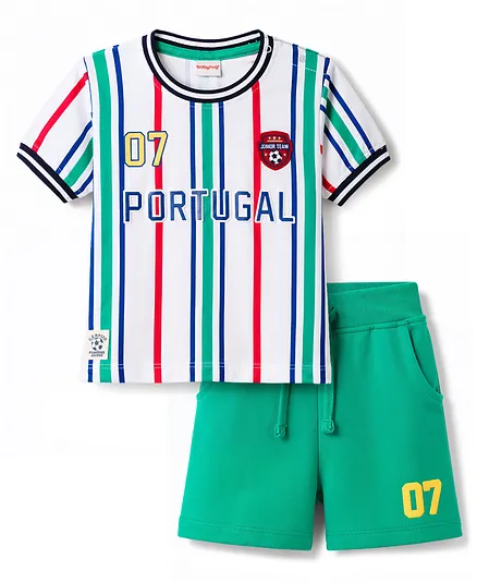 Babyhug 100% Cotton Knit Half Sleeves Striped & Text Printed T-Shirt & Shorts Set With Patch - Multicolor
