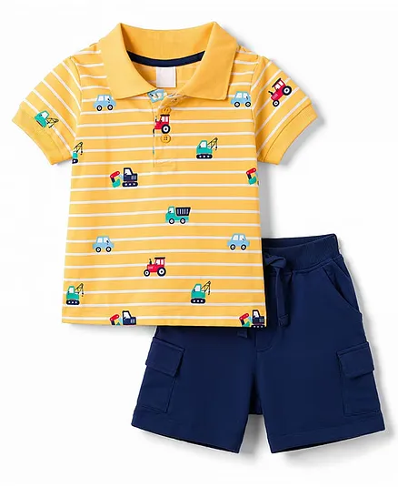 Babyhug 100% Cotton Knit Half Sleeves Striped & Vehicles Printed Polo T-Shirt & Shorts Set - Yellow & Navy Blue