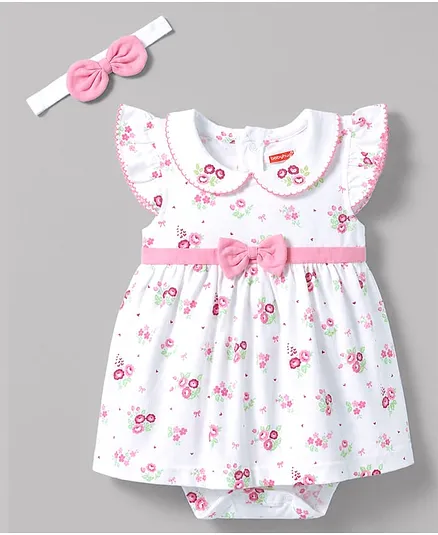 Babyhug 100% Cotton Knit Sleeveless Floral Printed Frock Style Onesie With Headband - White & Pink