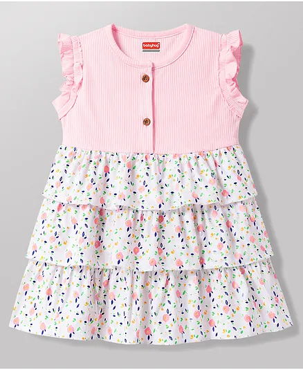Babyhug 100% Cotton Knit Sleeveless Floral Printed Layered Frock - Pink