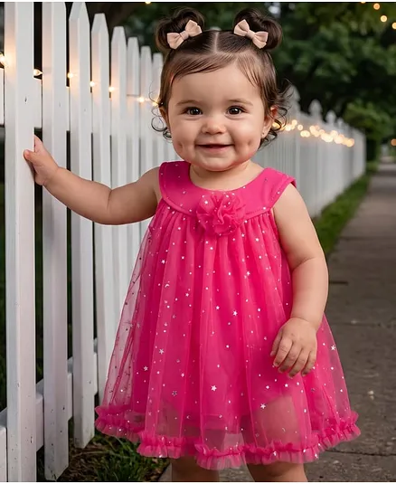 Babyhug 100 % Cotton Knit Sleeveless Frock Style Onesie with Glitter Detailing & Floral Applique - Red
