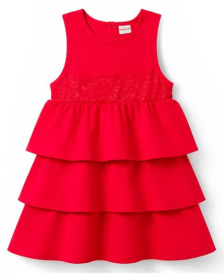 Babyhug 100% Cotton Knit Sleeveless Layered Frock With Lace Detailing - Red