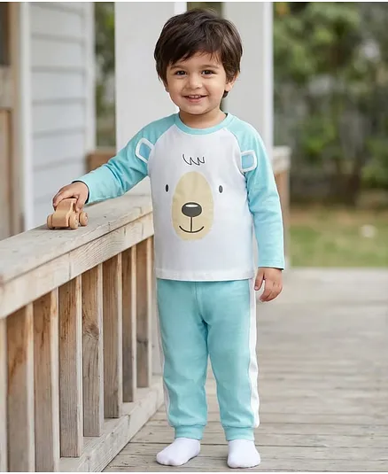 Babyhug Cotton Knit Full Raglan Sleeves T-Shirt & Pyjama Night Suit With Animal Print - Light Blue