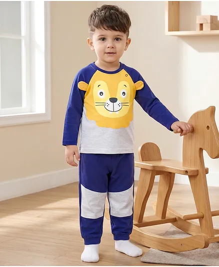 Babyhug Cotton Knit Full Raglan Sleeves T-Shirt & Pyjama Night-Suit With Lion Print - Navy Blue