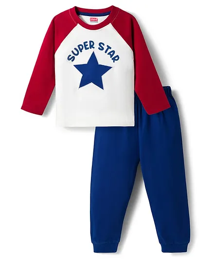 Babyhug Cotton Knit Full Raglan Sleeves T-Shirt & Pyjama Night Suit With Super Star Print - White