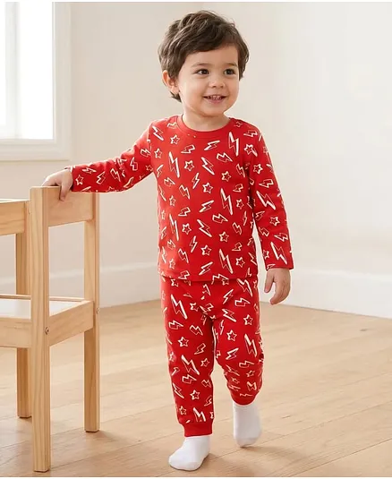 Babyhug Cotton Knit Full Sleeve Co-Ord Night Suit with Thunderbolt Print - Red