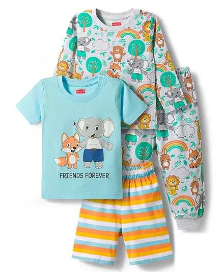 Babyhug Cotton Knit Full Sleeves Animal Printed Pyjama &  Half Sleeves Striped Shorts Night Suit Pack Of 2 - Multicolour