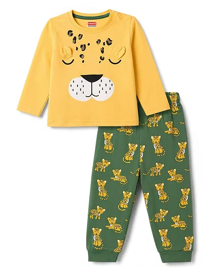 Babyhug Cotton Knit Full Sleeves Animal Printed T-Shirt & Pyjama Night Suit - Yellow