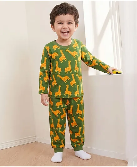 Babyhug Cotton Knit Full Sleeves Co-Ord Night Suit with Animal Print - Green