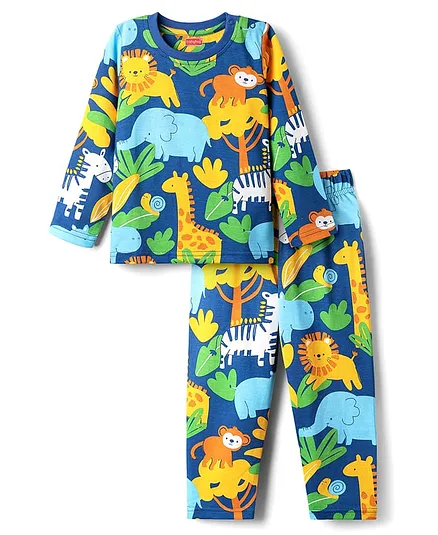 Babyhug Cotton Knit Full Sleeves Co-ord Night Suit With Animal Print - Navy Blue