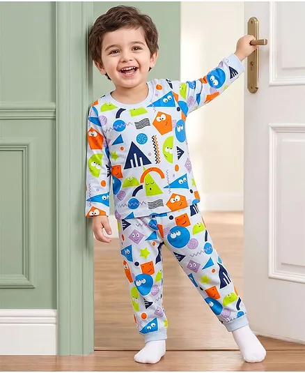 Babyhug Cotton Knit Full Sleeves Co-ord Night Suit With Shapes Print - Blue & White