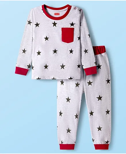 Babyhug Cotton Knit Full Sleeves Co-ord Night Suit With Star Print - White