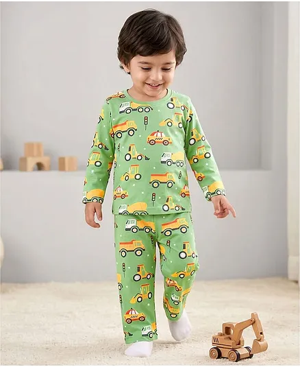 Babyhug Cotton Knit Full Sleeves Co-Ord Night Suit with Vehicle Print - Green