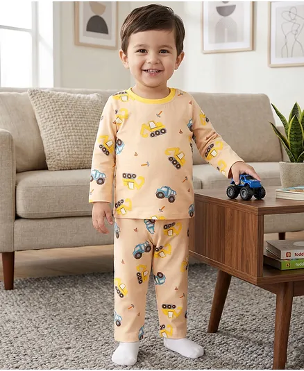 Babyhug Cotton Knit Full Sleeves Co-Ord T-Shirt & Pyjama Night Suit With JCB Print - Brown & Beige