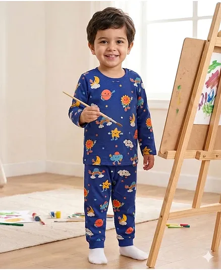 Babyhug Cotton Knit Full Sleeves Co-ords Night Suit With Clouds Print - Blue