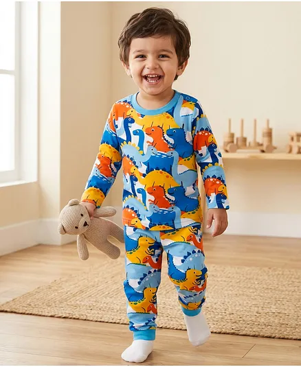 Babyhug Cotton Knit Full Sleeves Co-ords Night Suit With Dino Print - Blue