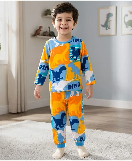 Babyhug Cotton Knit Full Sleeves Co-ords Night Suit With Dino Print - Blue Yellow & Light Blue