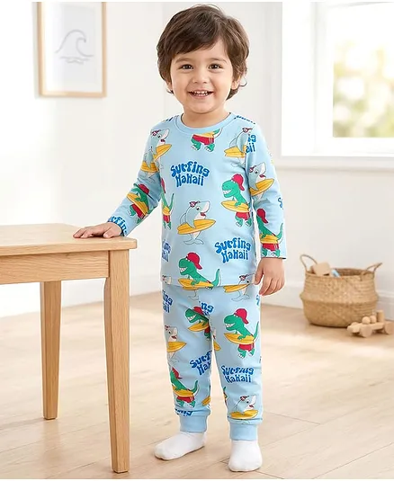 Babyhug Cotton Knit Full Sleeves Co-ords Night Suit With Dino Print - Light Blue