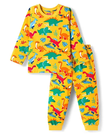 Babyhug Cotton Knit Full Sleeves Co-ords Night Suit with Dino Print - Yellow