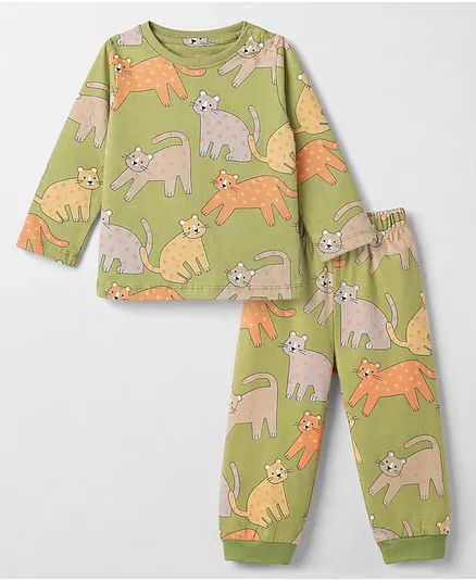 Babyhug Cotton Knit Full Sleeves Co-Ords Pyjama Night Suit with Cat Print -  Green