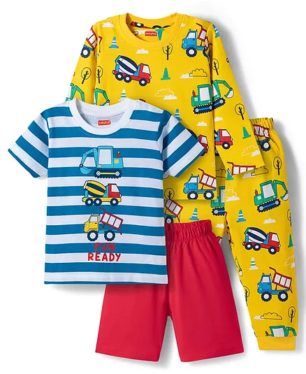 Babyhug Cotton Knit Full Sleeves Co-Ords Pyjama & Shorts Night Suit with JCB Print Pack of 2 - Multicolour